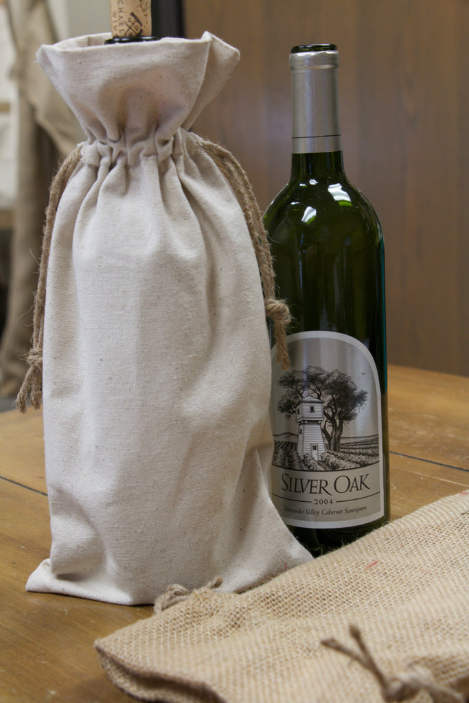 Wine Bag - Drawstring Canvas or Burlap Wine Tote