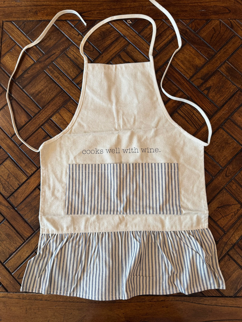 Printed Canvas Apron with Dark Blue Ticking - Cooks Well With Wine