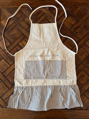 Printed Canvas Apron with Dark Blue Ticking - Cooks Well With Wine