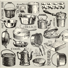Farmhouse Kitchen Pots and Pans on Ivory Paper